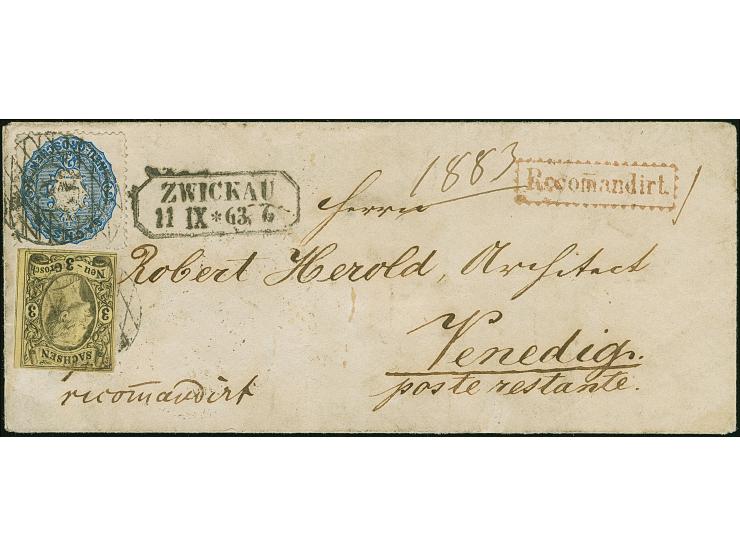 3 Ngr. auf gelb, voll-bis breitrandig, in Mischfrankatur mit Wappen 2 Ngr. blau, mit Nr. "9" und sauber nebengesetztem Rahmen