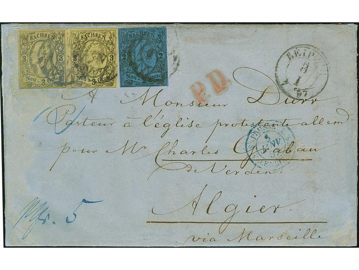 3 Ngr. auf gelb, 2 Einzelwerte aus unterschiedlichen Auflagen, mit 2 Ngr. auf blau, bis auf winzige Stelle alle voll- bis bre