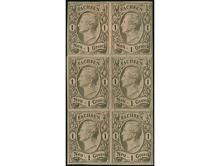1 Ngr. auf mattgraurot im senkrechten 6er-Block, voll- bis breitrandig, ungebraucht mit Originalgummi. Eine äußerst seltene E