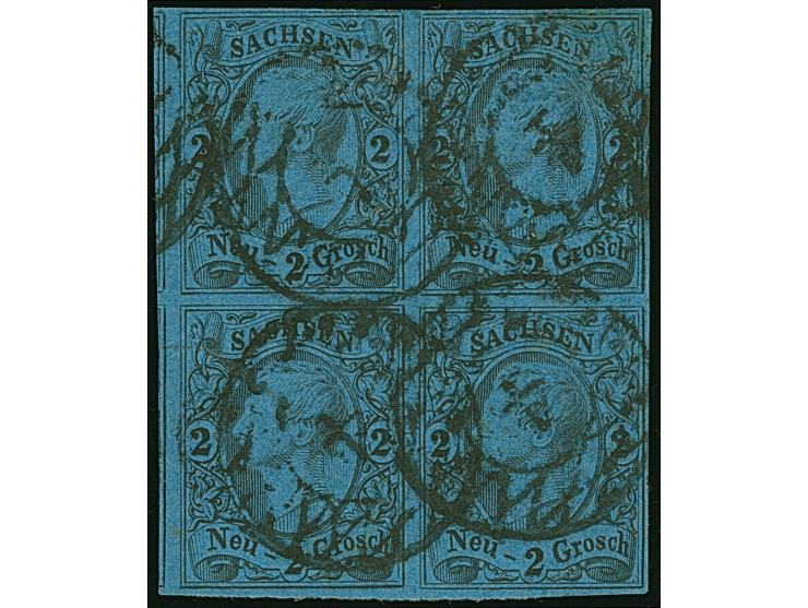 2 Ngr. auf blau im 4er-Block, die linke obere Marke oben teils minimal berührt, sonst voll- bis meist breitrandig, sauber ent