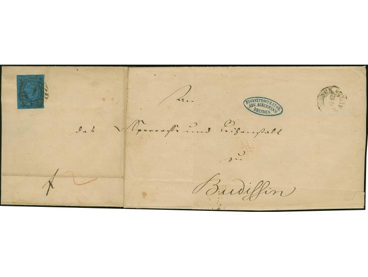 2 Ngr. auf blau, unten rechts etwas berührt, sonst voll- bis breitrandig, mit Nr. "1" und nebengesetztem Doppelkreisstempel "