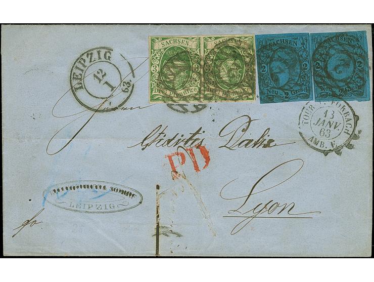 2 Ngr. auf blau, 2 Einzelwerte, zusammen mit waagerechtem Paar 1851/63, 3 Pfg. Grün, eine 2 Ngr. kurz berührt, sonst alle vol