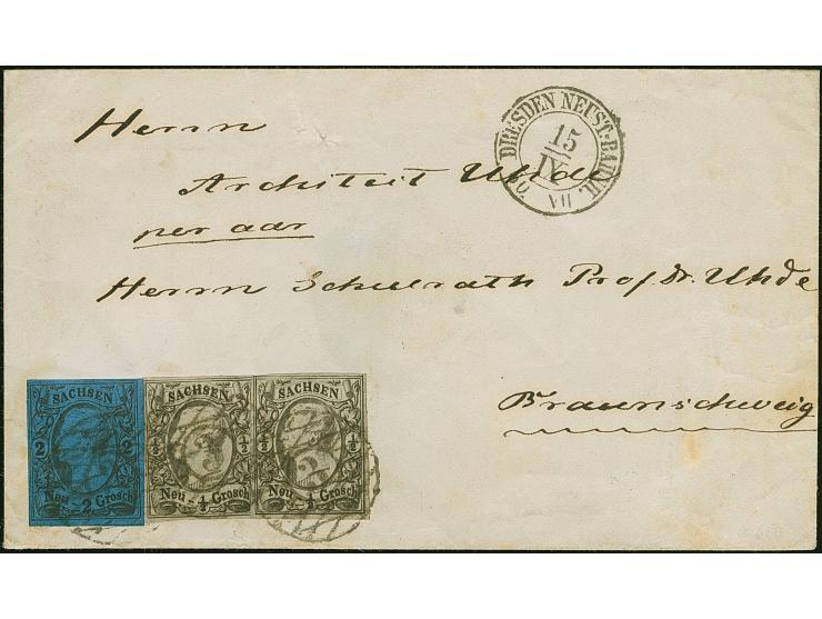 2 Ngr. auf blau und waagerechtes Paar ½ Ngr. auf grau, alle voll- bis breitrandig, mit Nr. "3" und nebengesetztem Doppelkreis