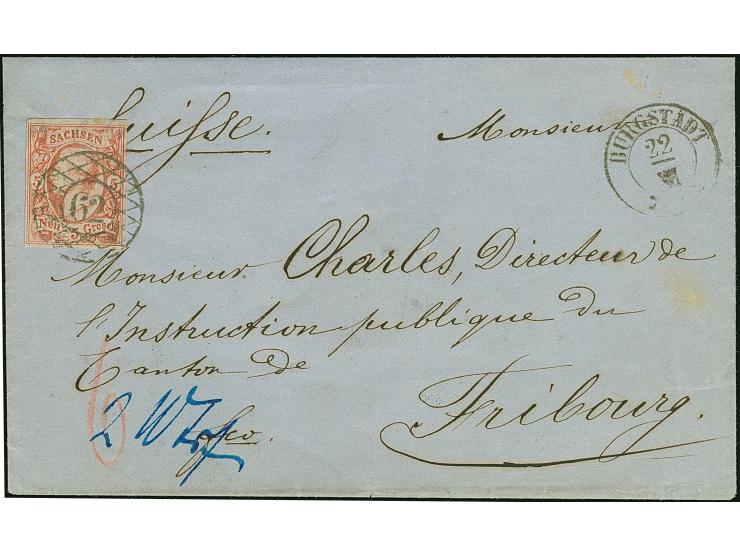 5 Ngr. ziegelrot, voll- bis breitrandig, mit klarer Nr. "62" und nebengesetztem Doppelkreisstempel "BURGSTÄDT 22/XII" (1863) 