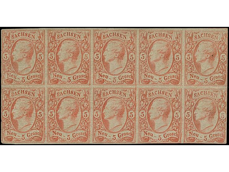 5 Ngr. scharlachrot, vollständiger Schalterbogen von 10 Marken, teils entlang der Randlinie geschnitten, unten 2 kleine Rands