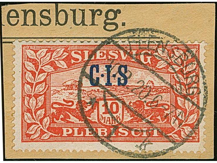 1920, C.I.S. 2 ½ Pfg. – 10 M., je mit sauberem Stempel "FLENSBURG 1k 10.2.20" auf Briefstücken. Einwandfrei. Fotoattest Grube
