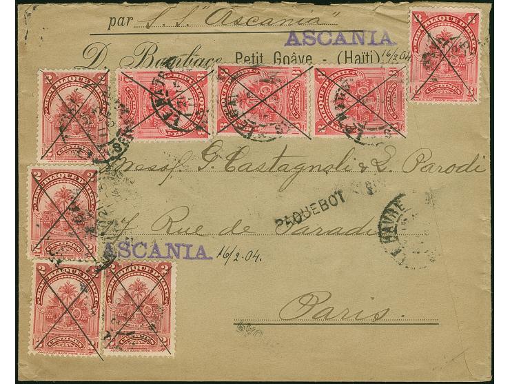 “ASCANIA” violetter L1 mit handschriftlichem Datum 16/2.04" auf Vordruckbrief mit je vier Einzelmarken 2 C. und 8 C. karmin j