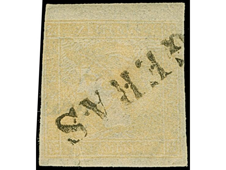 1851, “Gelber Merkur” 6 Kr., Type Ia, dreiseitig breit-bis überrrandig, links leicht an der Randlinie geschnitten bis berührt