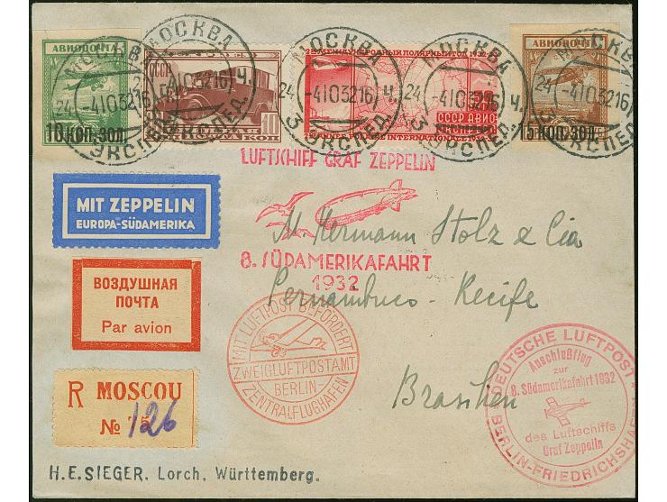 Russland: 1932, 8. Südamerikafahrt mit Anschlussflug Berlin, R-Brief mit guter Frankatur von “MOSKAU 4.10.32” nach Recife mit