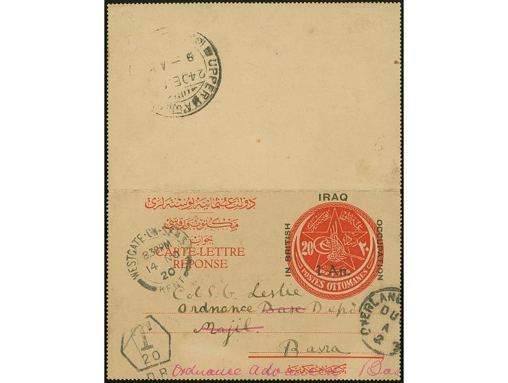 1923, Turkey 20 para postal stationery reply part, overprinted "IRAQ IN BRITISH OCCUPATION 1 An" cancelled by WESTGATE ON SEA