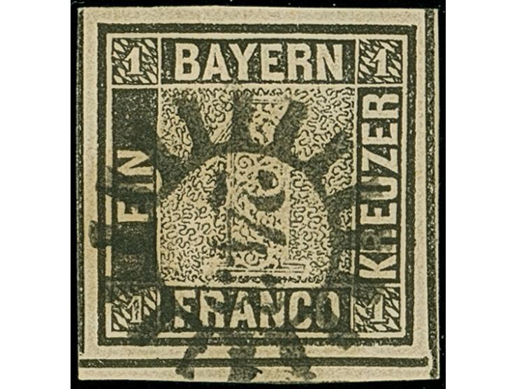 1 Kreuzer schwarz, Platte 1, farbfrisch und allseits breitrandig, unten mit kleinem Teil der doppelten Trennungslinie, sauber