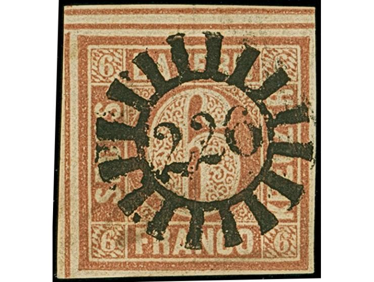 6 Kreuzer braunorange, voll- bis breitrandig, oben mit vollständiger doppelter Trennungslinie, sehr schön entwertet durch zen