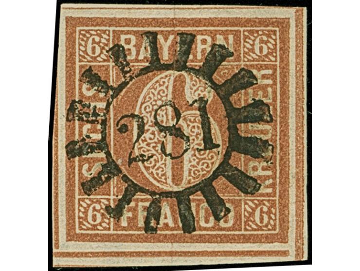 6 Kreuzer braunorange mit ausgefüllten Ecken, voll- bis meist breitrandig, unten links mit Teil der doppelten Trennungslinie,