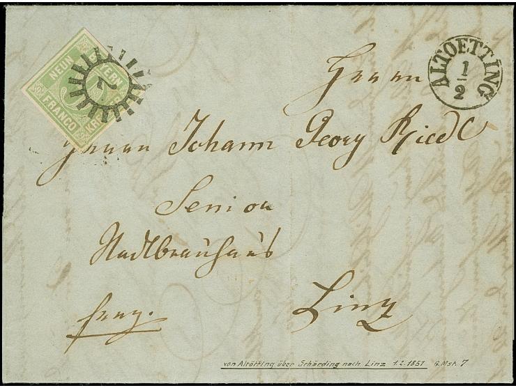 9 Kreuzer hellsmaragdgrün, Type III, farbfrisch und allseits gleichmäßig breit gerandet, mit gMR "7" und nebengesetztem Finge