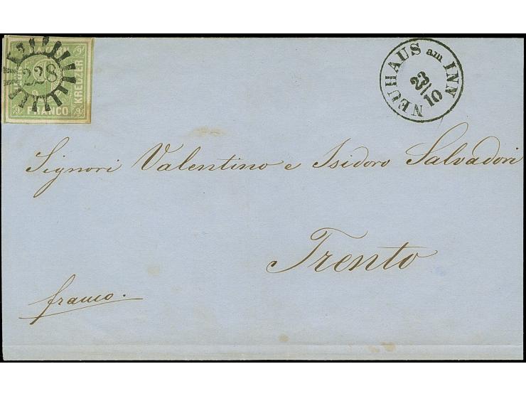 9 Kreuzer mattblaugrün, farbübersättigter Druck mit meist ausgefüllten Ecken, allseits breitrandig, mit sauber aufgesetztem g