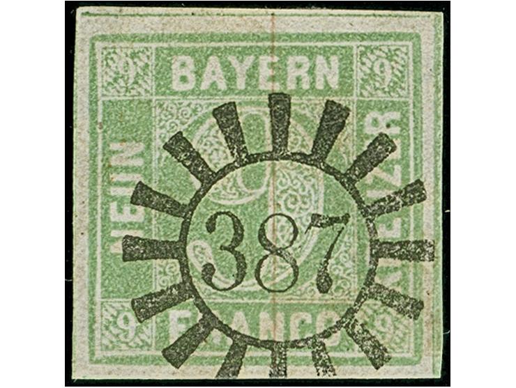 9 Kreuzer mattblaugrün, Type I, allseits breitrandig, dreiseitig mit Schnittlinien, mit klar und gerade aufgesetztem gMR "387