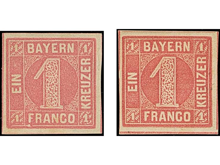 1 Kreuzer Platte 1, rosa und dunkelrosa, beide farbfrisch und breitrandig, ungebraucht mit Originalgummi. a-Farbe signiert Pf