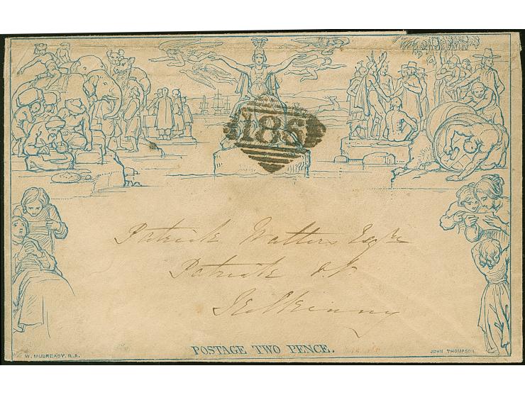 1847, Mulready wrapper 2 d. blue, stereo a201, from Dublin to Kilkenny cancelled by “186” Irish numeral of Dublin, blue Kilke