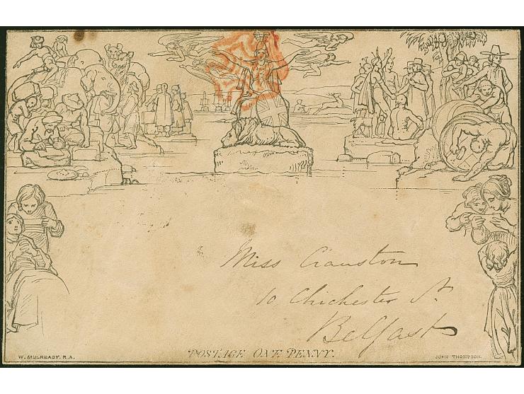 1847, Mulready wrapper 1 d. black, stereo A159, cancelled by red Maltese Cross handstamp, on reverse arrival mark BELFAST AU/