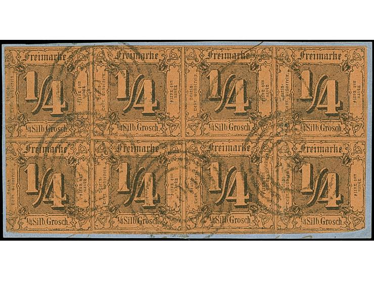 1852/58, Ziffernausgabe auf farbigem Papier, ¼ Silbergroschen schwarz auf dunkelbraunorange im waagerechten 8er-Block, farbfr