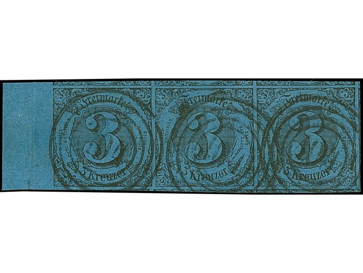 3 Kreuzer auf dunkelblau, waagerechter Dreierstreifen, allseits überrandig, mit Teilen aller 8 Nachbarmarken und links ca. 11
