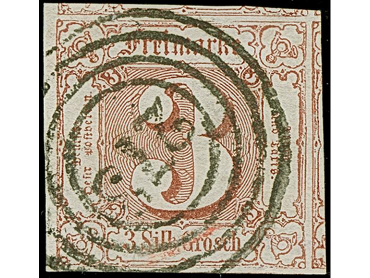 3 Silbergroschen bräunlichrot, farbfrisch und allseits überrandig, mit Teilen von 4 Nachbarmarken und schmalem Bogenrand link