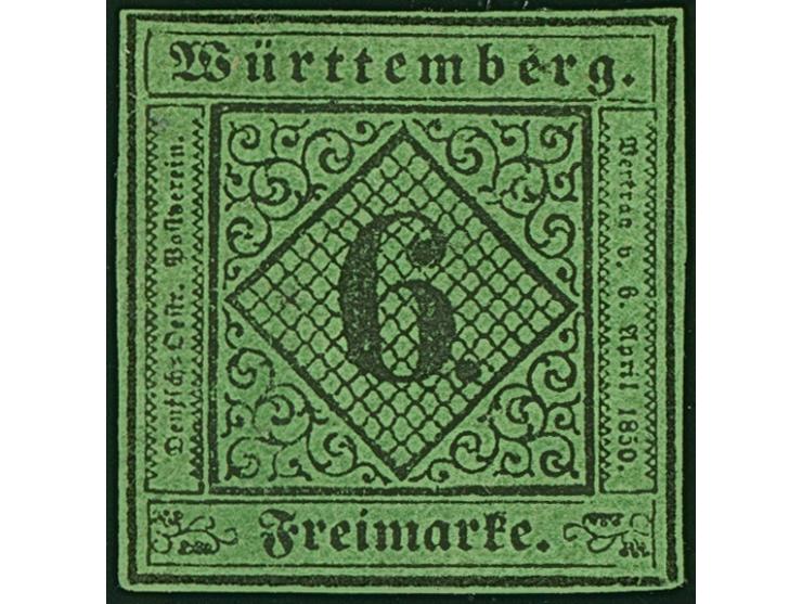 6 Kreuzer auf grünem Seidenpapier, schöne tiefe, frische Farbe und allseits vollrandig, ungebraucht mit Originalgummi. Äußers