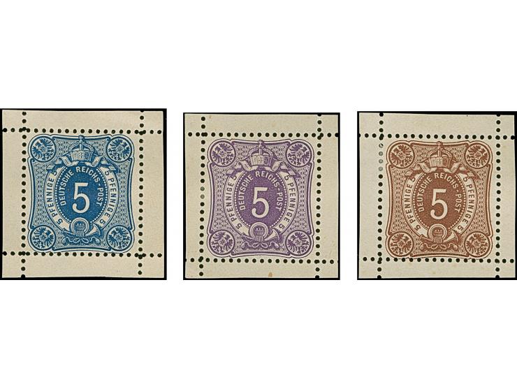 1875, 5 Pfge. als Essay im Ziffermuster mit Wertschildoval und in den Ecken mit Reichsadler in den Farben lilabraun, violett 