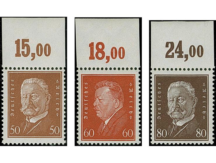 1928, Reichspräsidenten 3-80 Pfg. kpl. mit Plattendruck-Oberrand, postfrisch, in tadelloser Erhaltung. Ein dekorativer Oberra