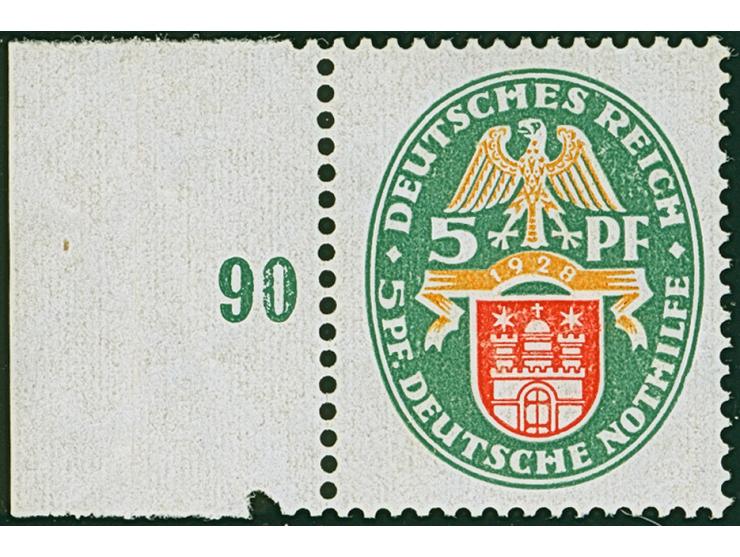 1928, Nothilfe 5 Pfg. mit stehendem Wasserzeichen, Randstück postfrisch, in tadelloser Erhaltung. Ein schönes Exemplar dieser