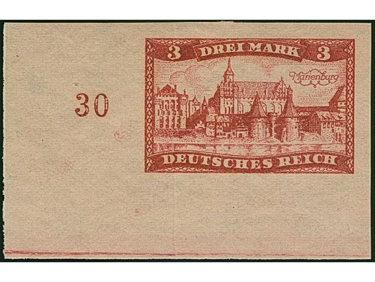 1924, Marienburg 3 M. als ungezähnter Probedruck in dunkelbräunlichrot auf Papier ohne Wasserzeichen, aus der linken unteren 