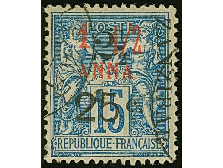 2½ a. + 25 c. on 1½ a. blue, Type X Setting B-D-K, fresh colours, used, very fine. A very scarce stamp with only 24 printed, 