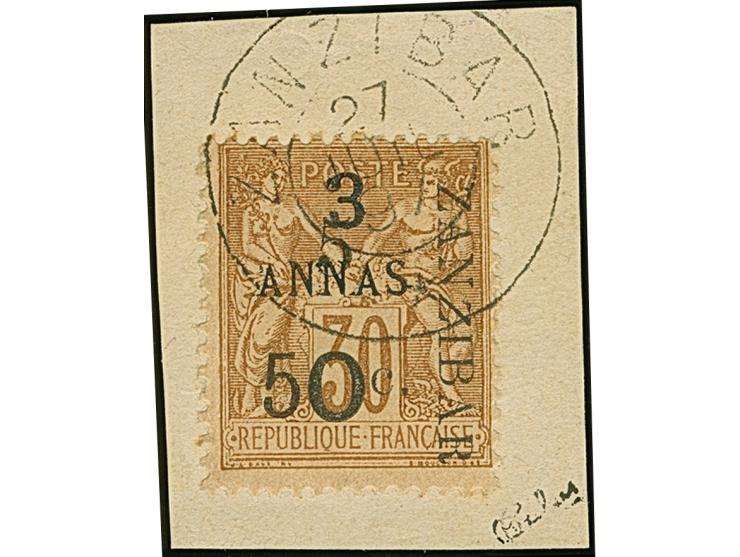 5 a. + 50 c. on 3 a. brown, Type IV Setting L-I-P, fresh colours, neatly tied by cds. “ZANZIBAR 27 JUIL. 97” to small piece, 
