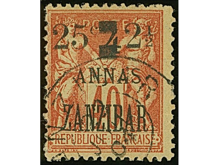 1904, Sage 25 c. on 4 a. red-orange on salmon, Type I Setting L-H-O, fresh colours, used with cds. “ZANZIBAR 22 JUIL. 04”, ve