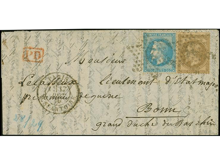 LE DAVY (most likely), entire letter with Napoléon 20 c. blue and 30 c. brown tied by Dotted Star with cds. “PARIS 17 DEC. 70