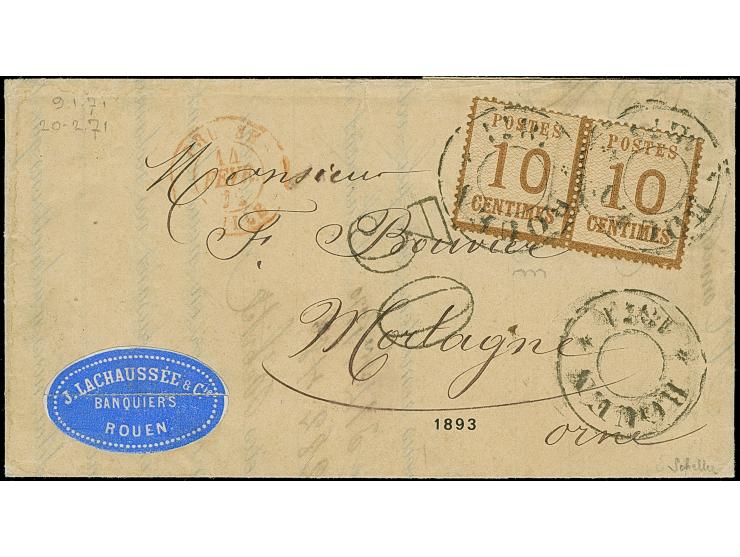 10 C. ockerbraun im waagerechten Paar, Spitzen nach unten, farbfrisch und gut gezähnt, sauber mit auf- und nebengesetztem pro