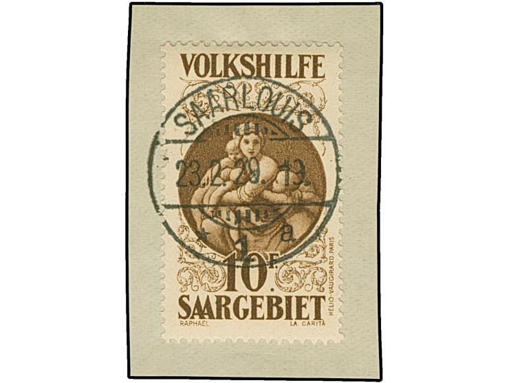 1928, Volkshilfe 10 Fr., sauber gestempelt "SAARLOUIS 23.2.29", auf Briefstück. Einwandfrei. Fotoattest Geigle BPP (2025)