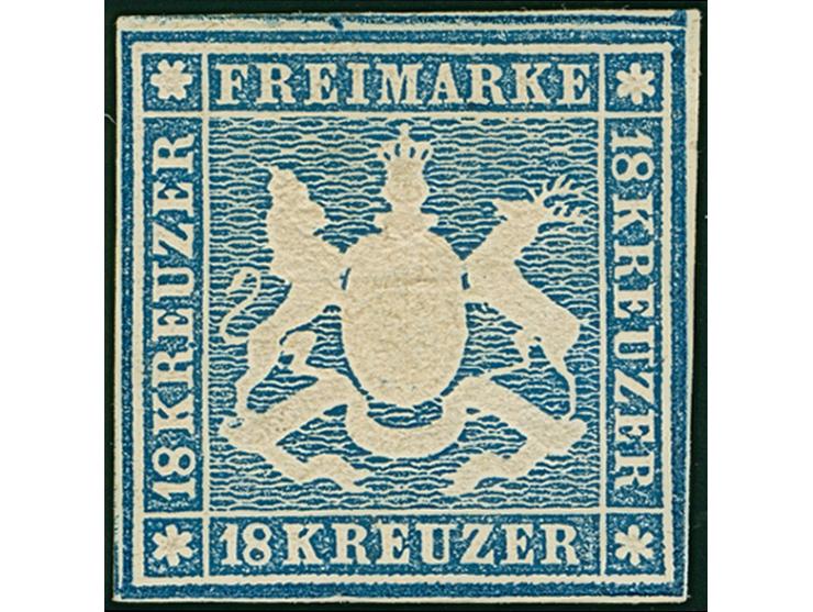 18 Kr. blau, schöne frische Farbe und gute Prägung, allseits breit-bis überrandig, oben mit Teil der Nachbarmarke und rechts 