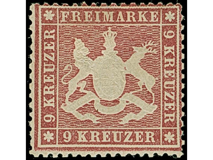 9 Kr. lilarot, schöne tiefe Farbe und gut gezähnt, schöne Wappenprägung, ungebraucht mit frischem Originalgummi, kleinen Anha