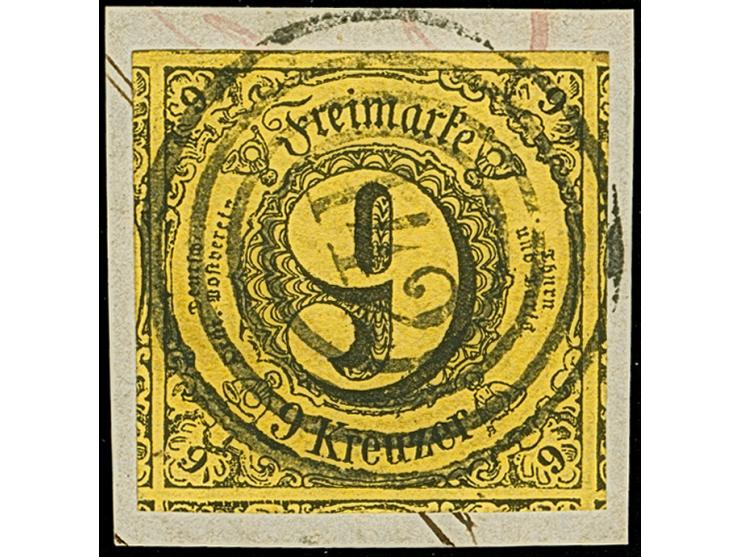 9 Kr. auf gelb, Type II, allseits überrandig, mit Teilen aller 8 Nachbarmarken (sogenannter 'Kleiner 9er-Block'), mit zentris