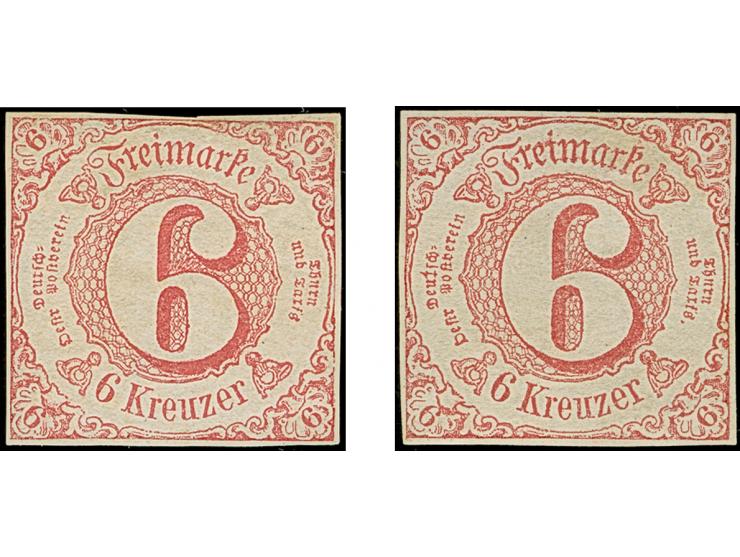 6 Kr. dunkelrosarot, 2 Einzelwerte in Type IA bzw. IB, beide farbfrisch und vollrandig, ungebraucht mit Originalgummi. Ein We