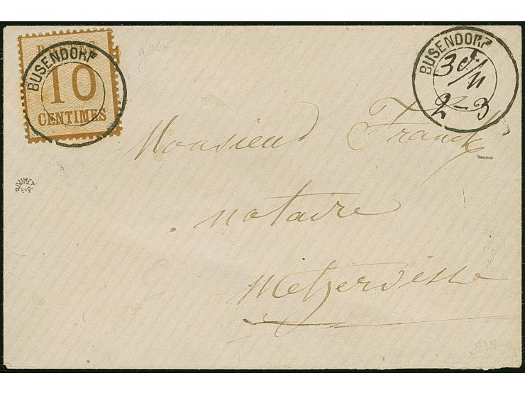 “BUSENDORF”, 10 C. ockerbraun, Spitzen nach oben, farbfrisch und gut gezähnt, mit sauber auf- und nebengesetztem DKr. “BUSEND