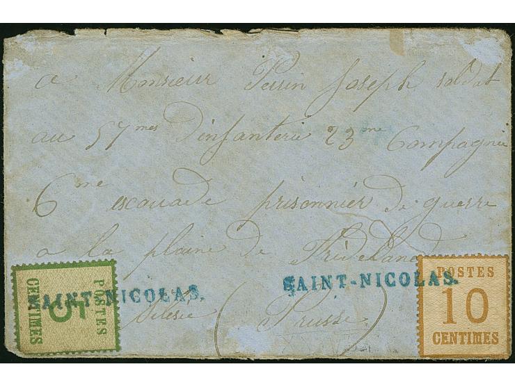 “SAINT-NICOLAS” blauer L1, zweimal sauber auf 5 C. grün und 10 C. ockerbraun auf Briefkuvert nach Preußen an einen französisc