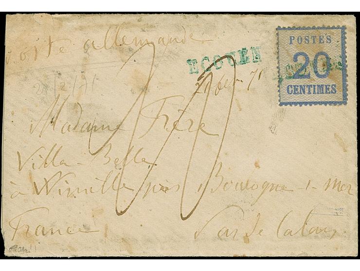 “ECOUEN” blauer L1, klar auf- und nebengesetztem auf 20 C. grauultramarine auf Briefkuvert nach Vinille mit rückseitigem Tran