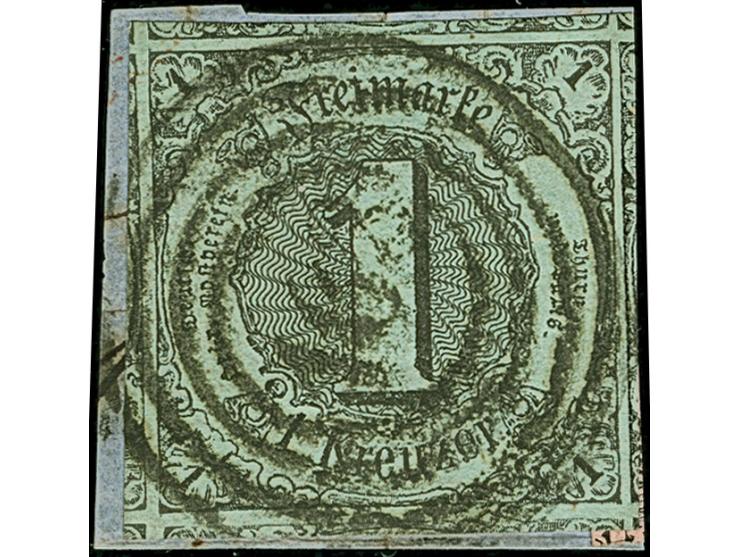 1 Kr. auf mattbläulichgrün, allseits überrandig mit Teilen aller 8 Nachbarmarken (sogenannter 'Kleiner 9er-Block'), mit Nr. "