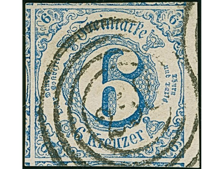 6 Kr. blau, allseits überrandig, mit ca. 2 mm rechtem Bogenrand sowie Teilen aller 5 Nachbarmarken, leicht entwertet durch Nr