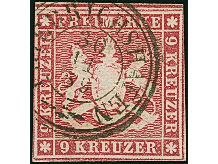 9 Kr. dunkelkarmin, farbfrisch und für diese Ausgabe sehr gut geschnitten, sauber entwertet durch Kreisstempel "FRIEDRICHSHAF