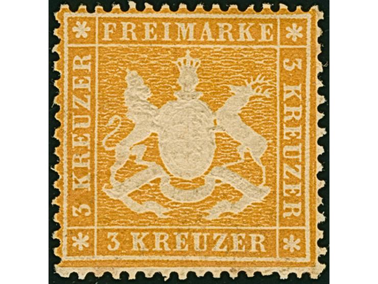 3 Kreuzer gelblichorange, tiefe Farbe und schöne Wappenprägung, ungebraucht mit originaler Gummierung (diese teils gebräunt u