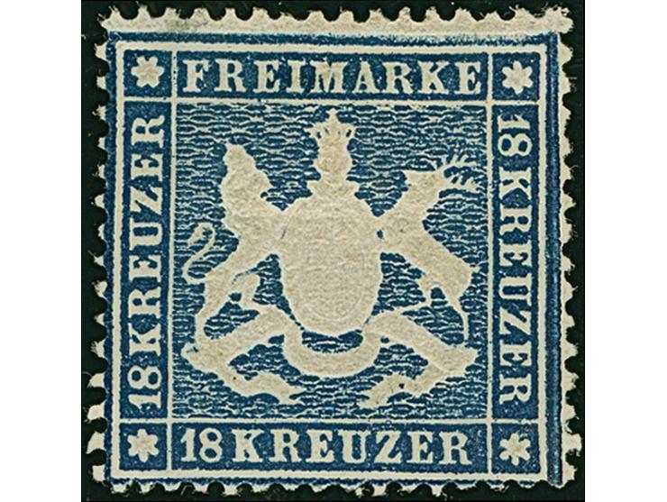 18 Kr. blau, schöne tiefe Farbe und sehr gut gezähnt, schöne Wappenprägung und gut zentriert, ungebraucht mit frischem Origin