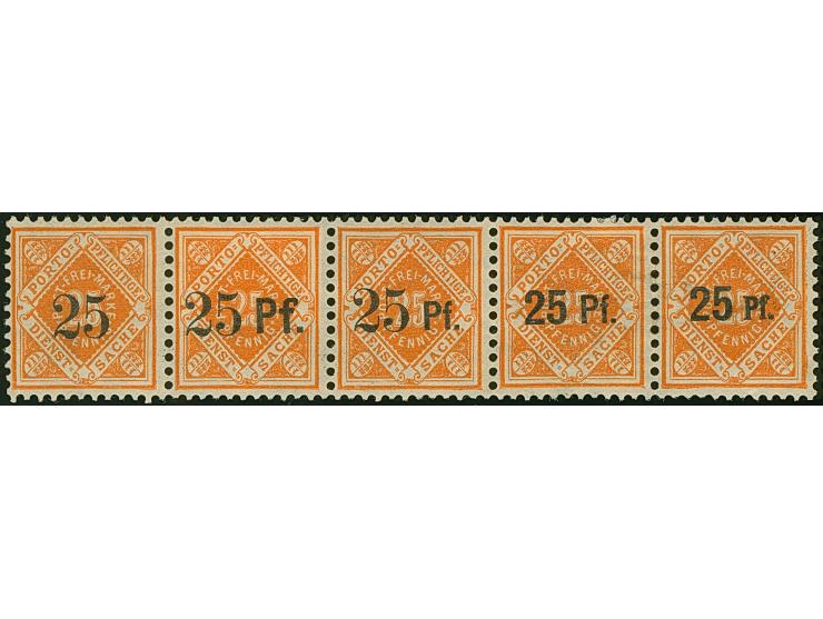 1916, 25 (Pf.) auf 25 Pfg. orange, waagerechter 5er-Streifen mit alle fünf verschiedenen Versuchsaufdrucken, ungebraucht, zwe